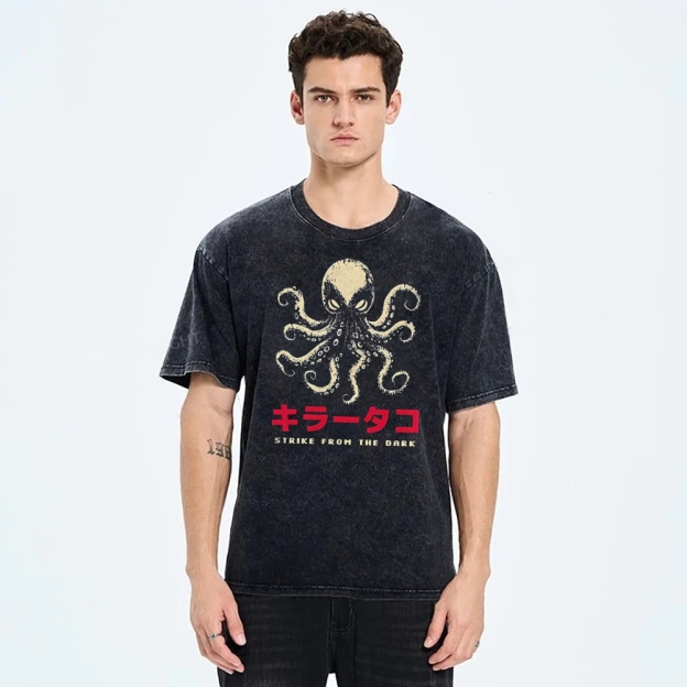Unisex Japanese Octopus Printed Washed Tee