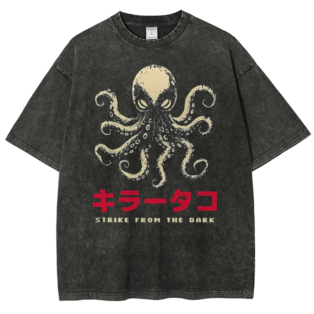 Unisex Japanese Octopus Printed Washed Tee