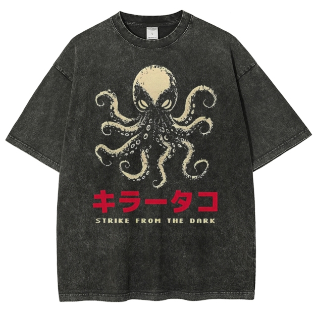 Unisex Japanese Octopus Printed Washed Tee
