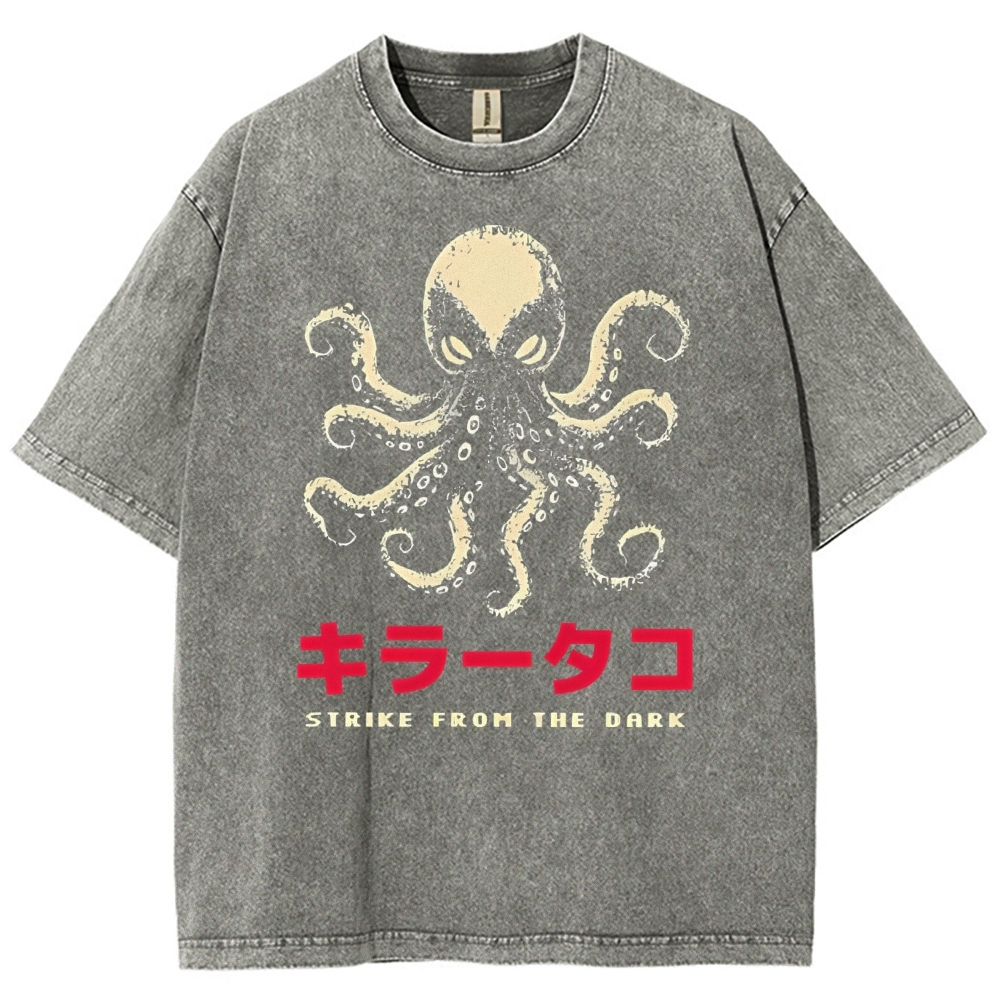Unisex Japanese Octopus Printed Washed Tee