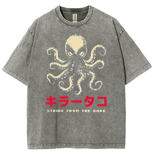 Unisex Japanese Octopus Printed Washed Tee