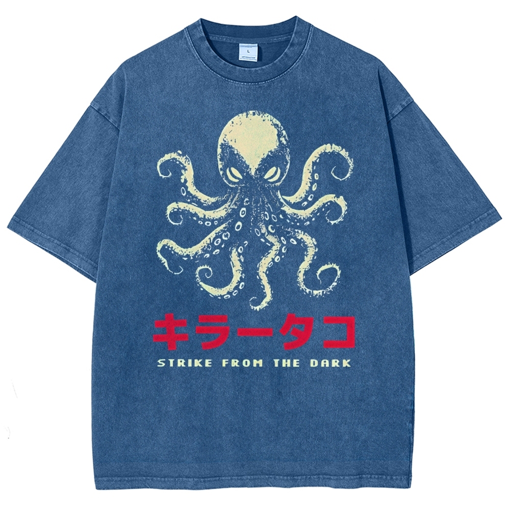 Unisex Japanese Octopus Printed Washed Tee