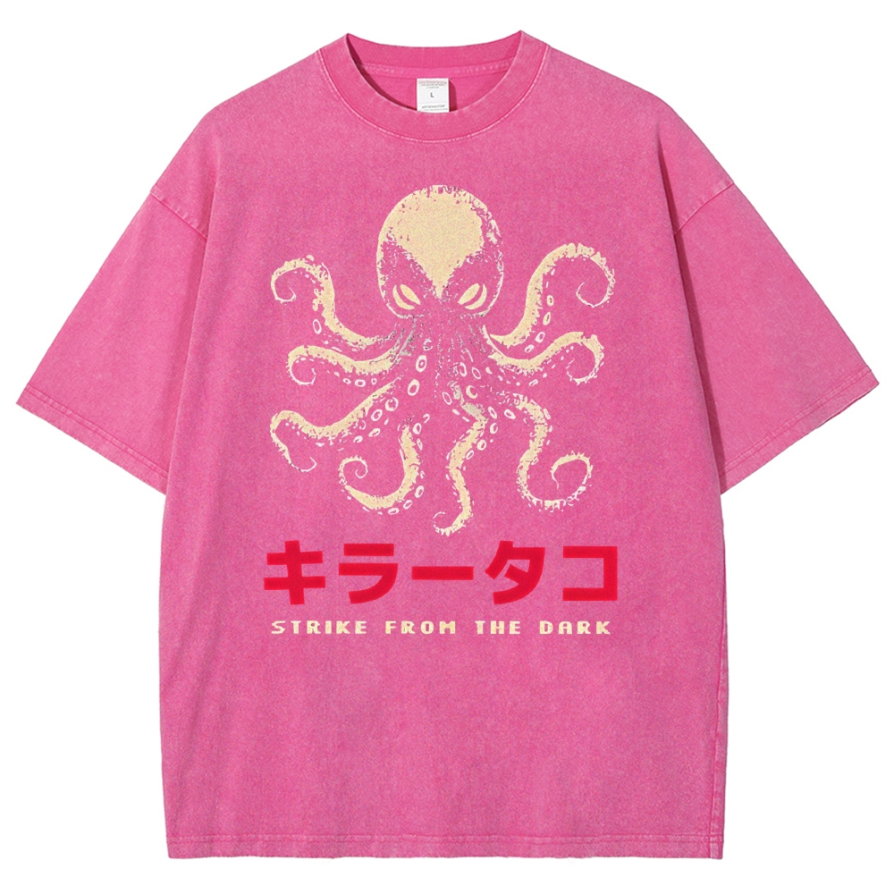 Unisex Japanese Octopus Printed Washed Tee