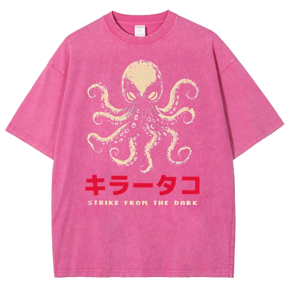 Unisex Japanese Octopus Printed Washed Tee