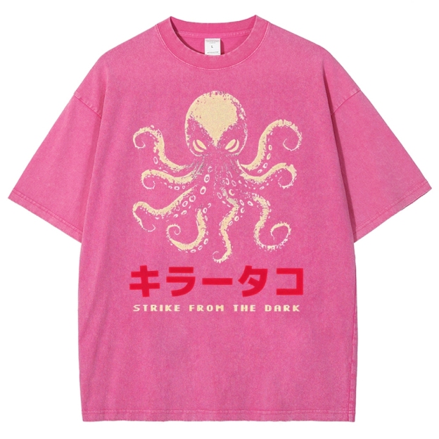 Unisex Japanese Octopus Printed Washed Tee