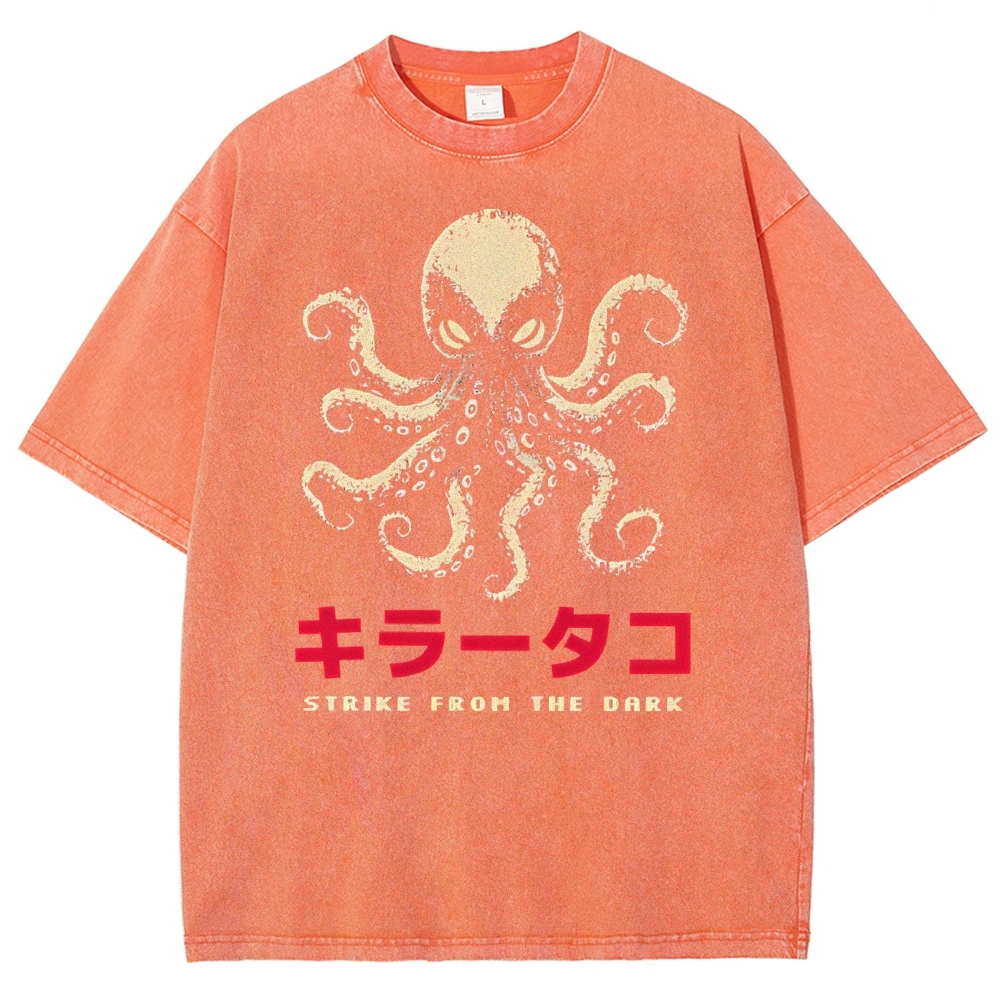Unisex Japanese Octopus Printed Washed Tee