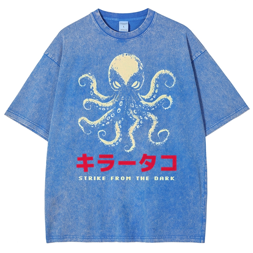 Unisex Japanese Octopus Printed Washed Tee