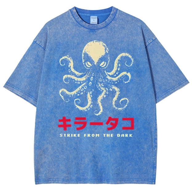 Unisex Japanese Octopus Printed Washed Tee