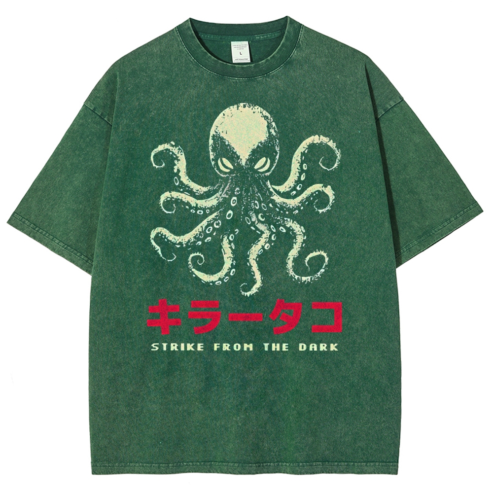 Unisex Japanese Octopus Printed Washed Tee