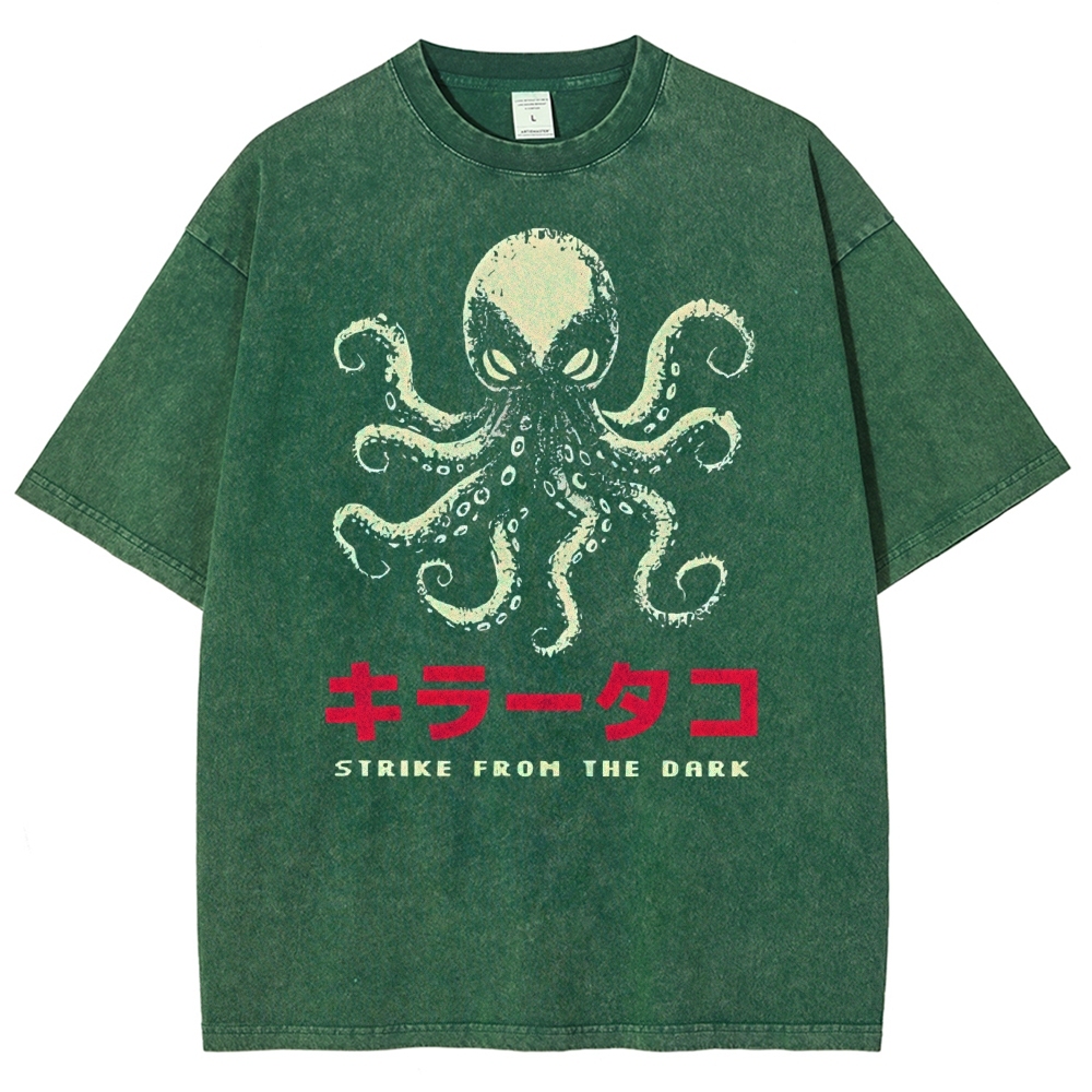 Unisex Japanese Octopus Printed Washed Tee