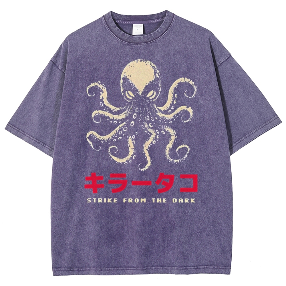 Unisex Japanese Octopus Printed Washed Tee