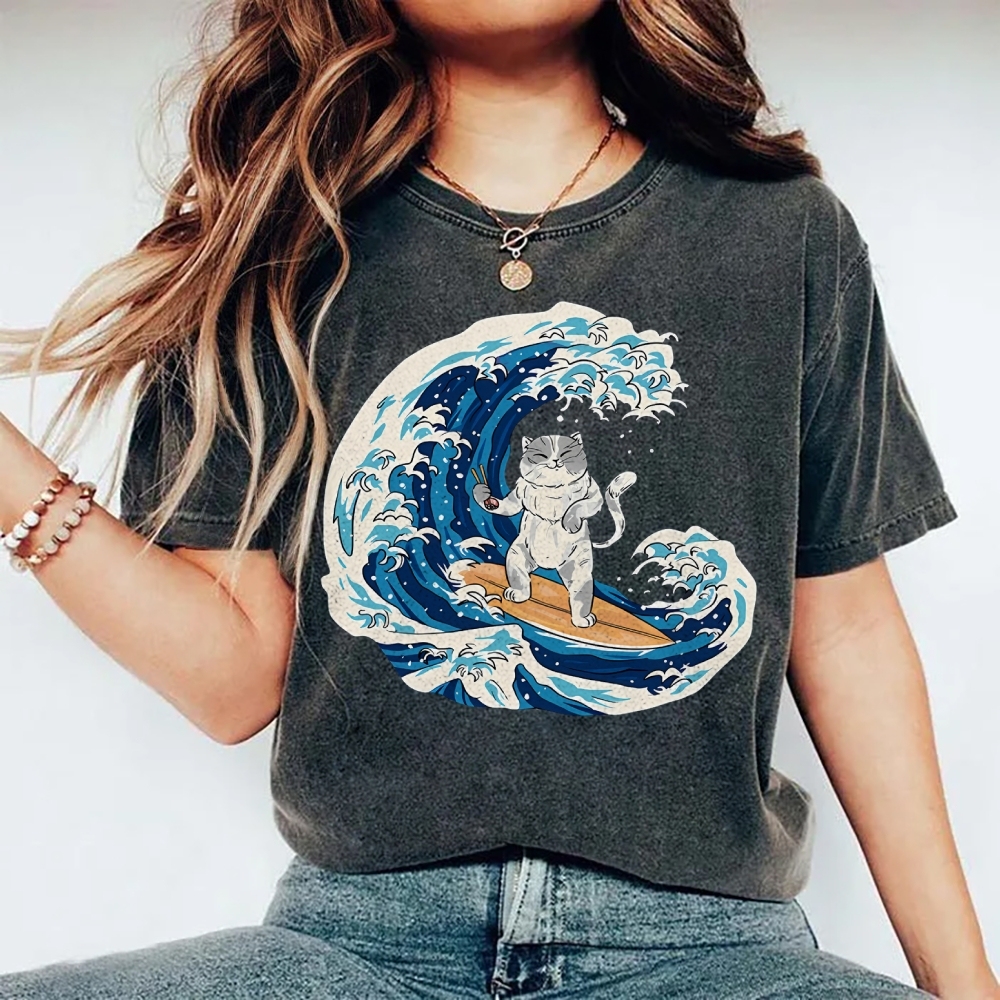 Unisex Wave Cat Printed Washed Tee