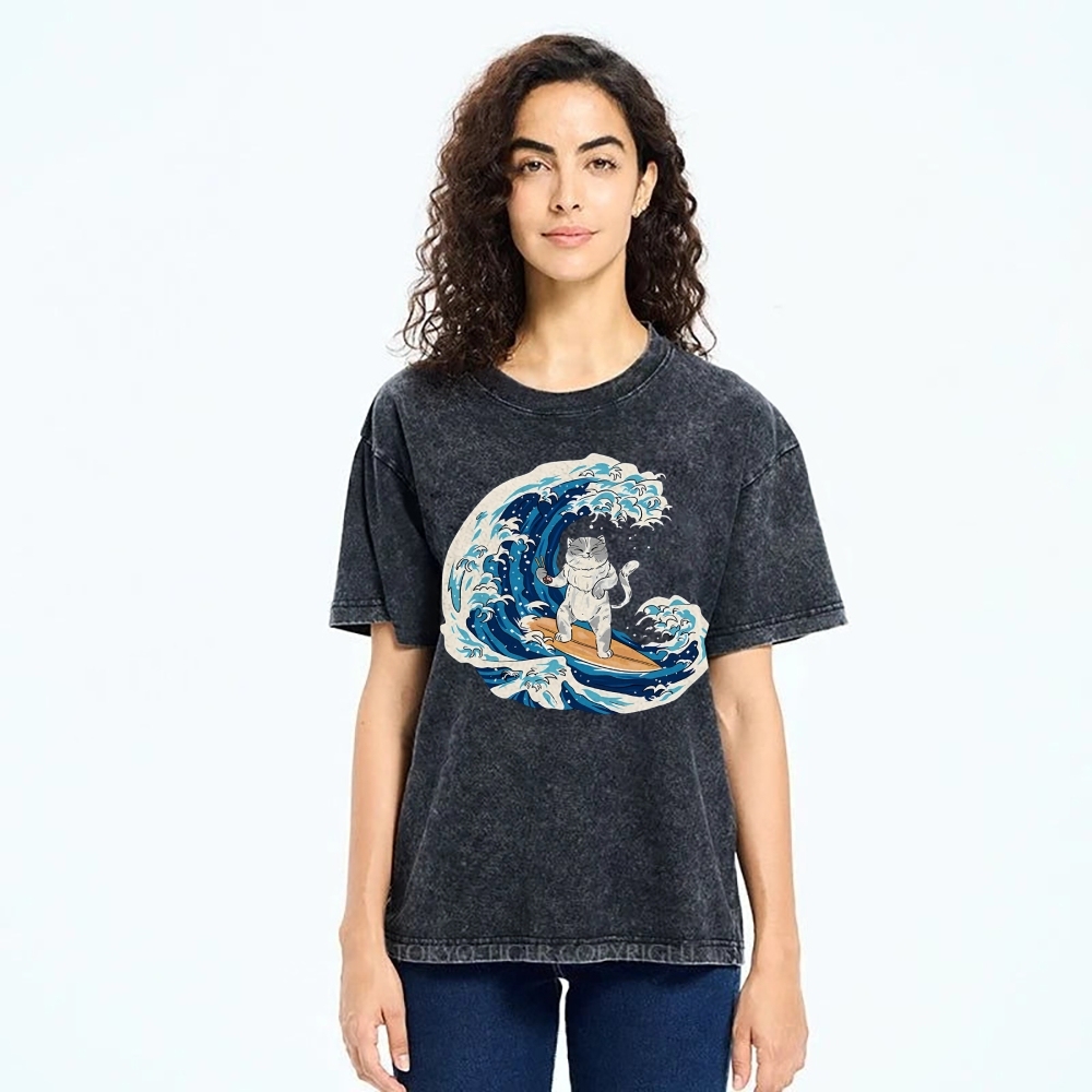 Unisex Wave Cat Printed Washed Tee