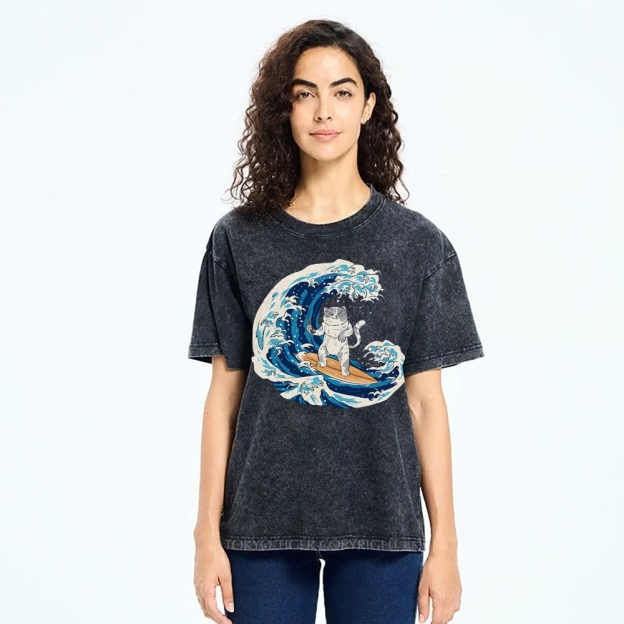 Unisex Wave Cat Printed Washed Tee