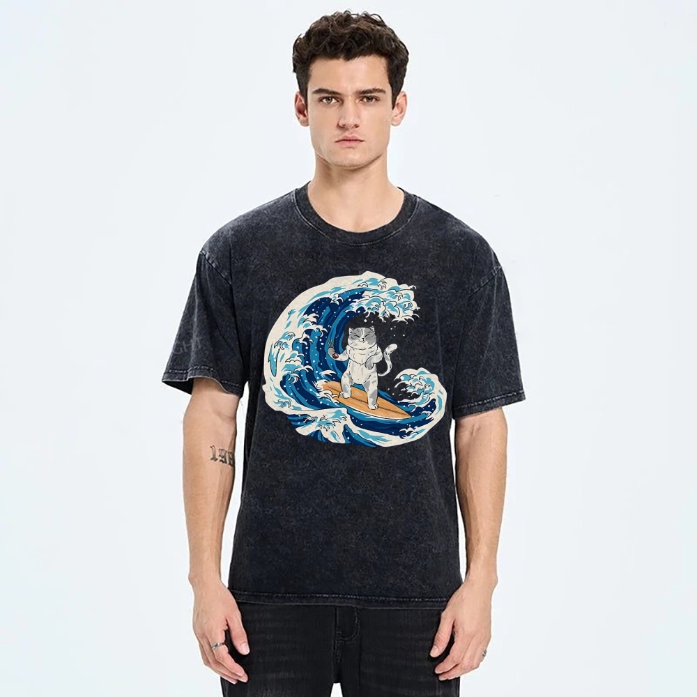 Unisex Wave Cat Printed Washed Tee