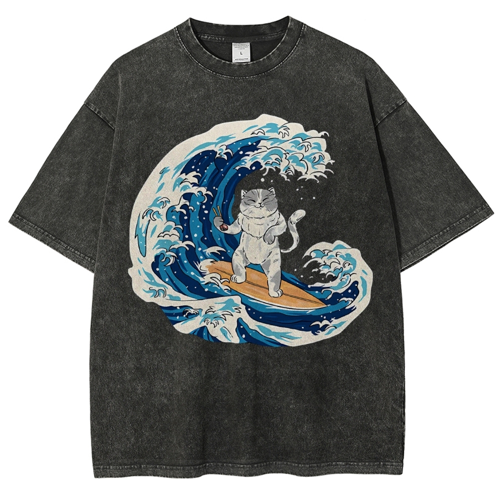 Unisex Wave Cat Printed Washed Tee