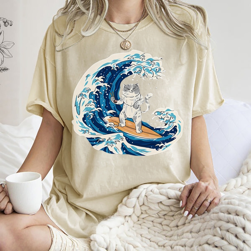 Unisex Wave Cat Printed Washed Tee