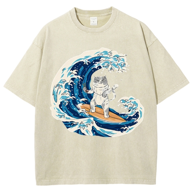 Unisex Wave Cat Printed Washed Tee