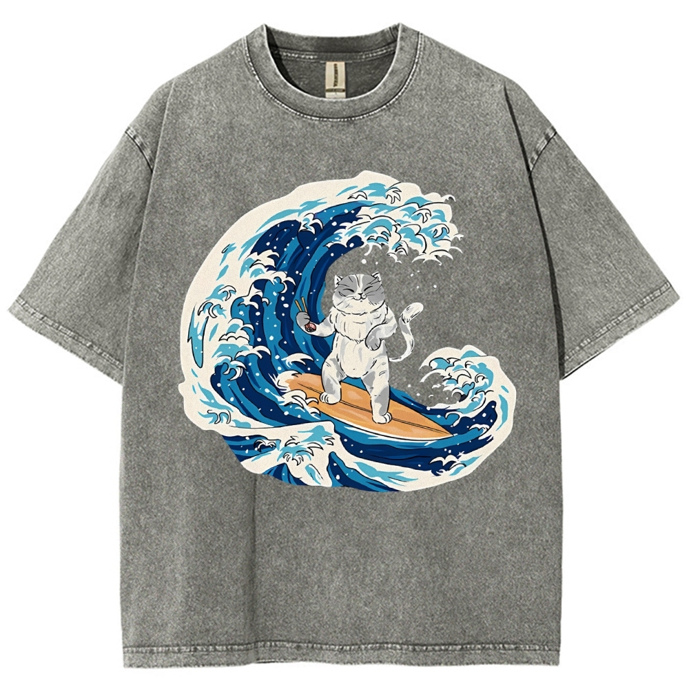 Unisex Wave Cat Printed Washed Tee