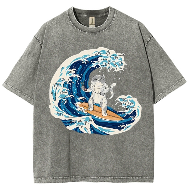 Unisex Wave Cat Printed Washed Tee