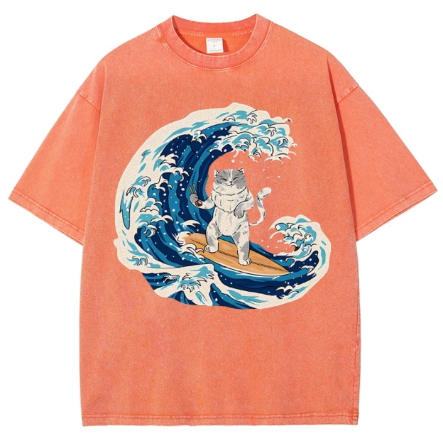 Unisex Wave Cat Printed Washed Tee