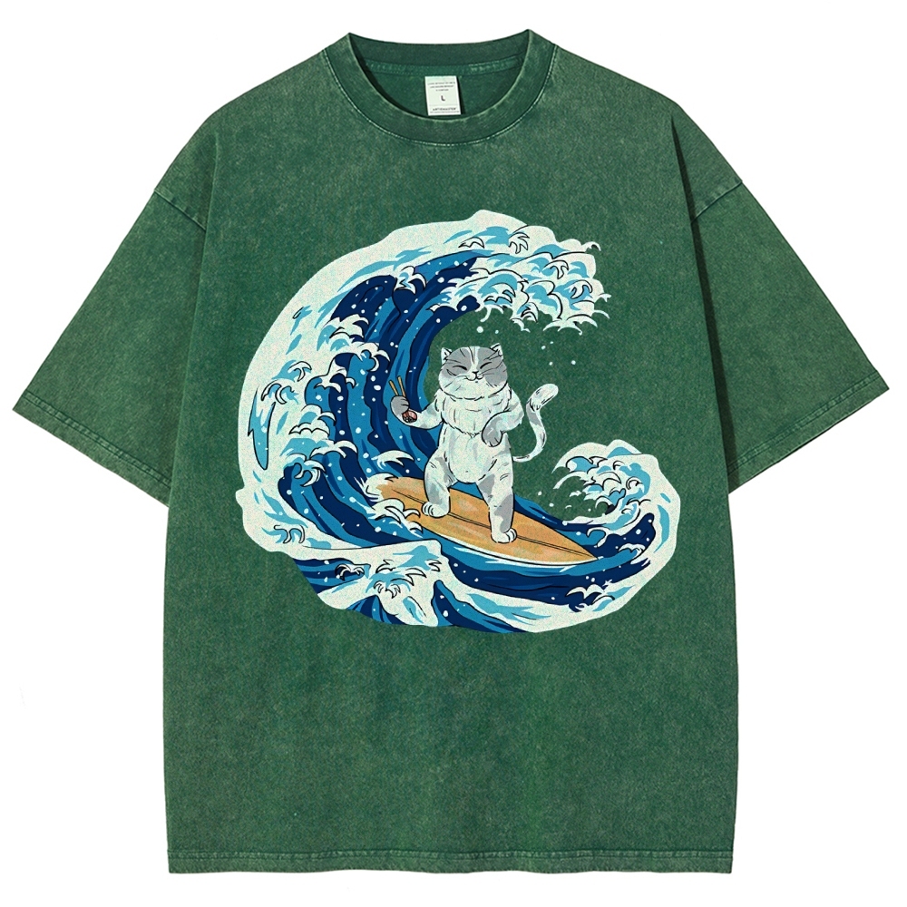 Unisex Wave Cat Printed Washed Tee