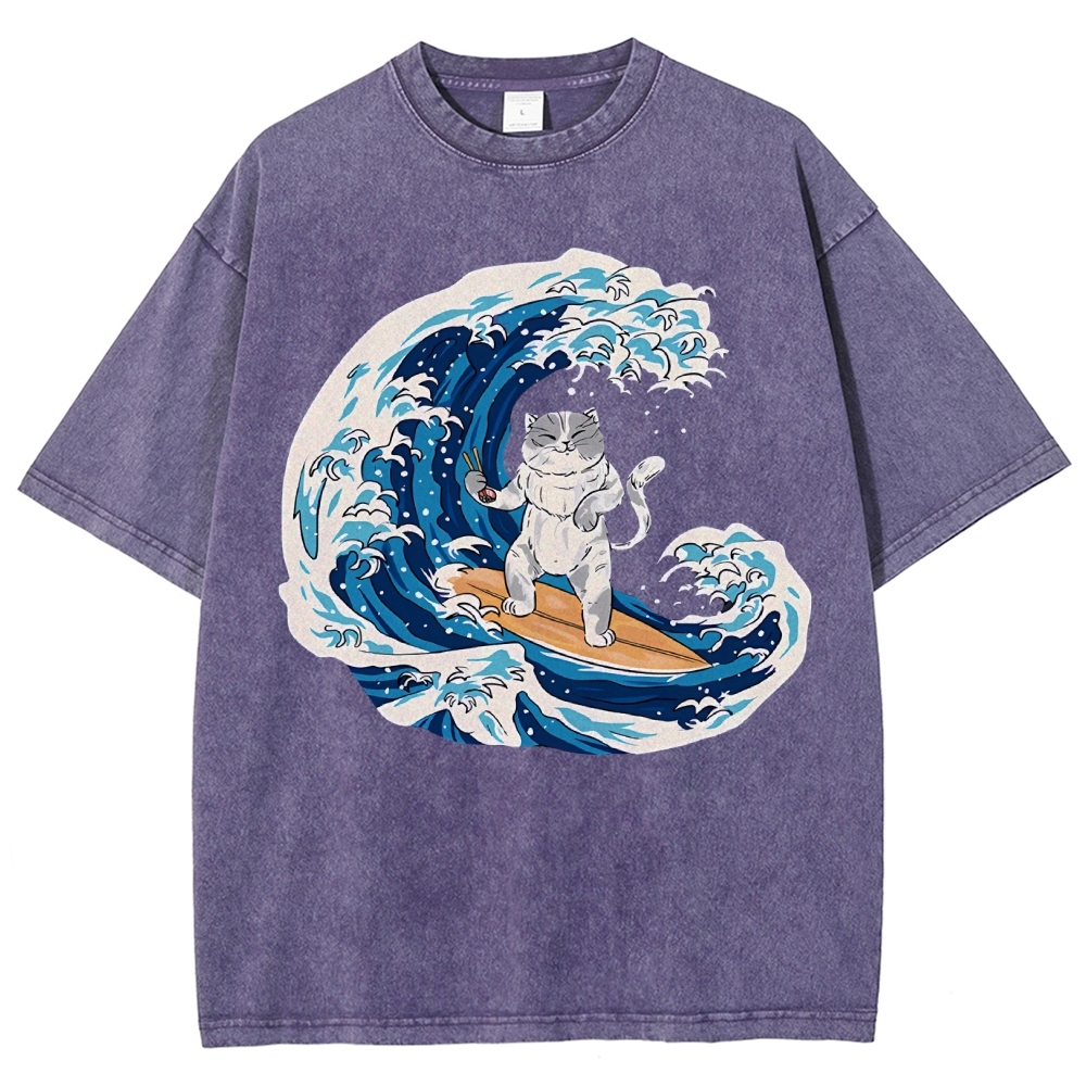 Unisex Wave Cat Printed Washed Tee
