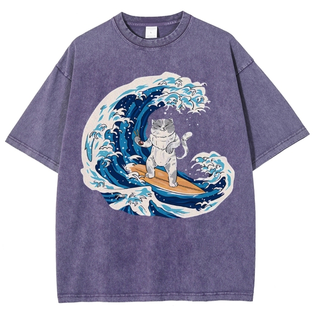 Unisex Wave Cat Printed Washed Tee