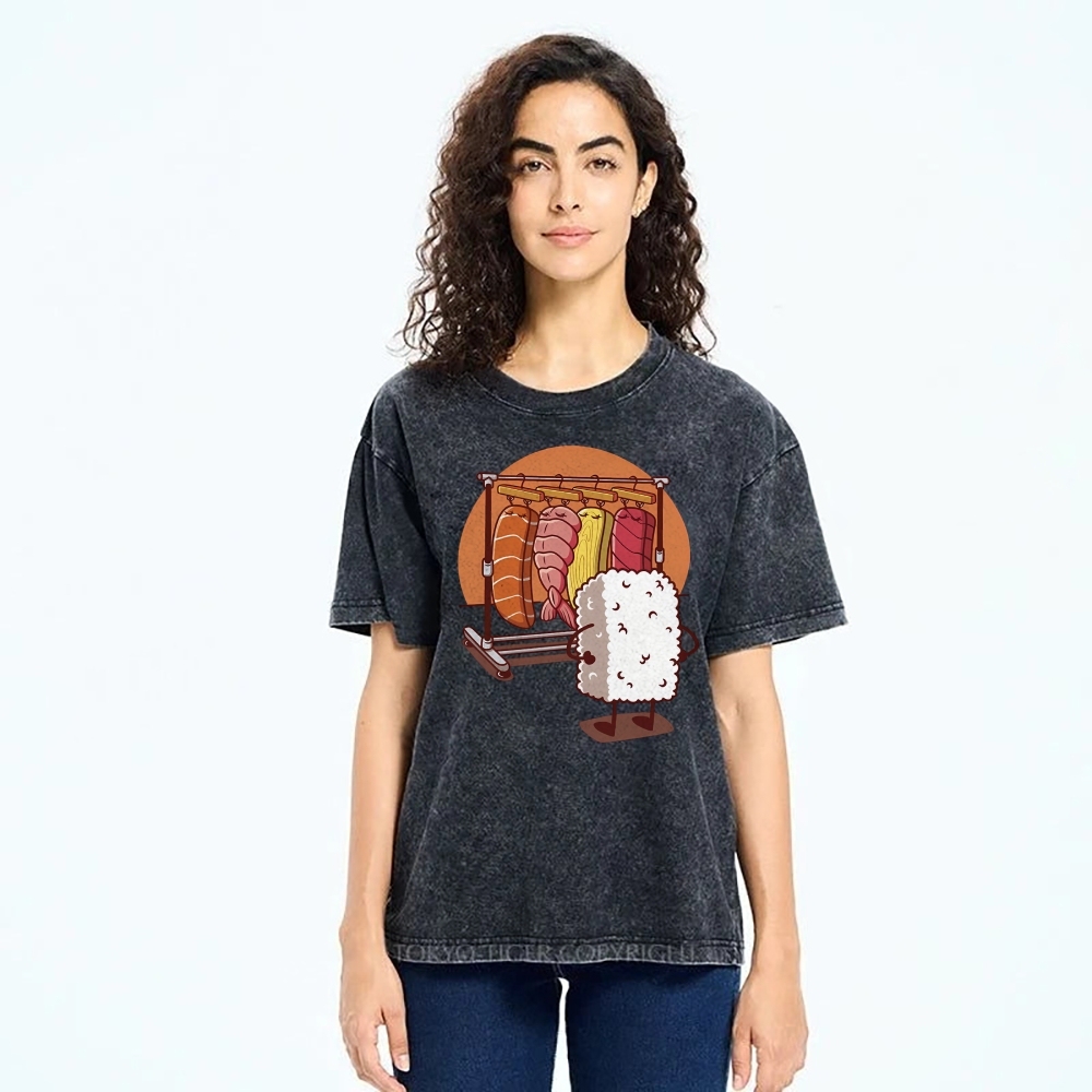 Unisex Sushi Printed Washed Tee