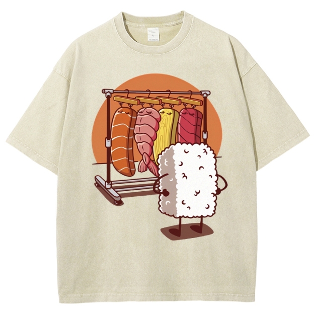 Unisex Sushi Printed Washed Tee