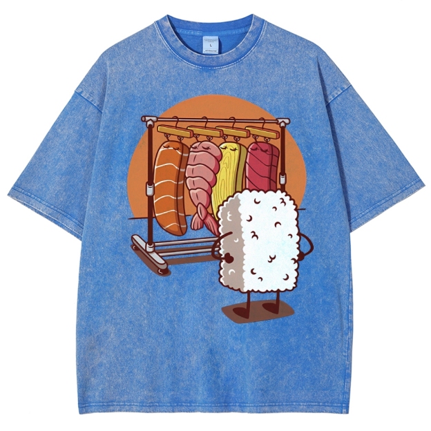 Unisex Sushi Printed Washed Tee