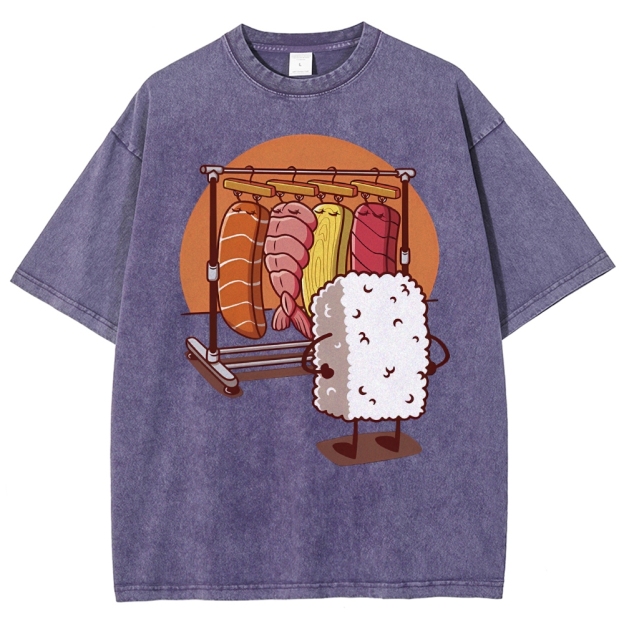 Unisex Sushi Printed Washed Tee