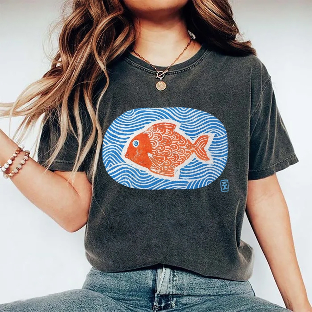 Unisex Japanese Style Wave Fish Printed Washed Tee