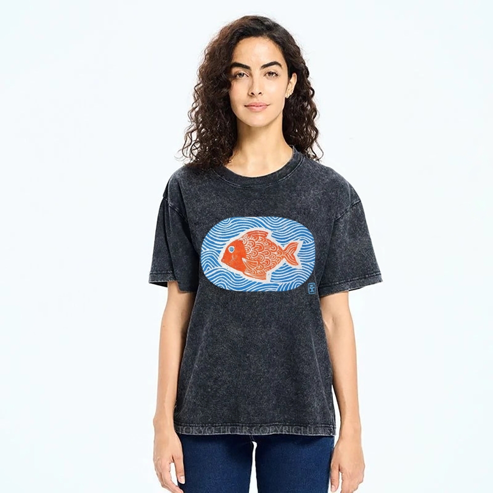 Unisex Japanese Style Wave Fish Printed Washed Tee