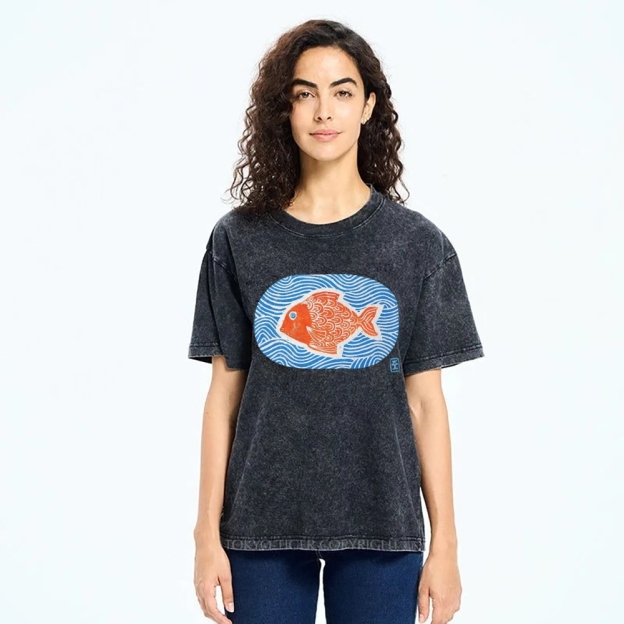 Unisex Japanese Style Wave Fish Printed Washed Tee