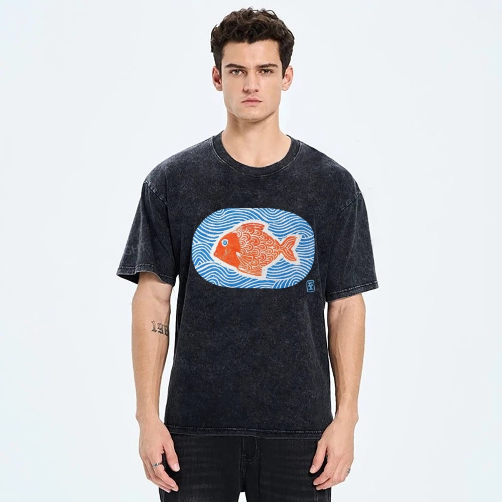 Unisex Japanese Style Wave Fish Printed Washed Tee