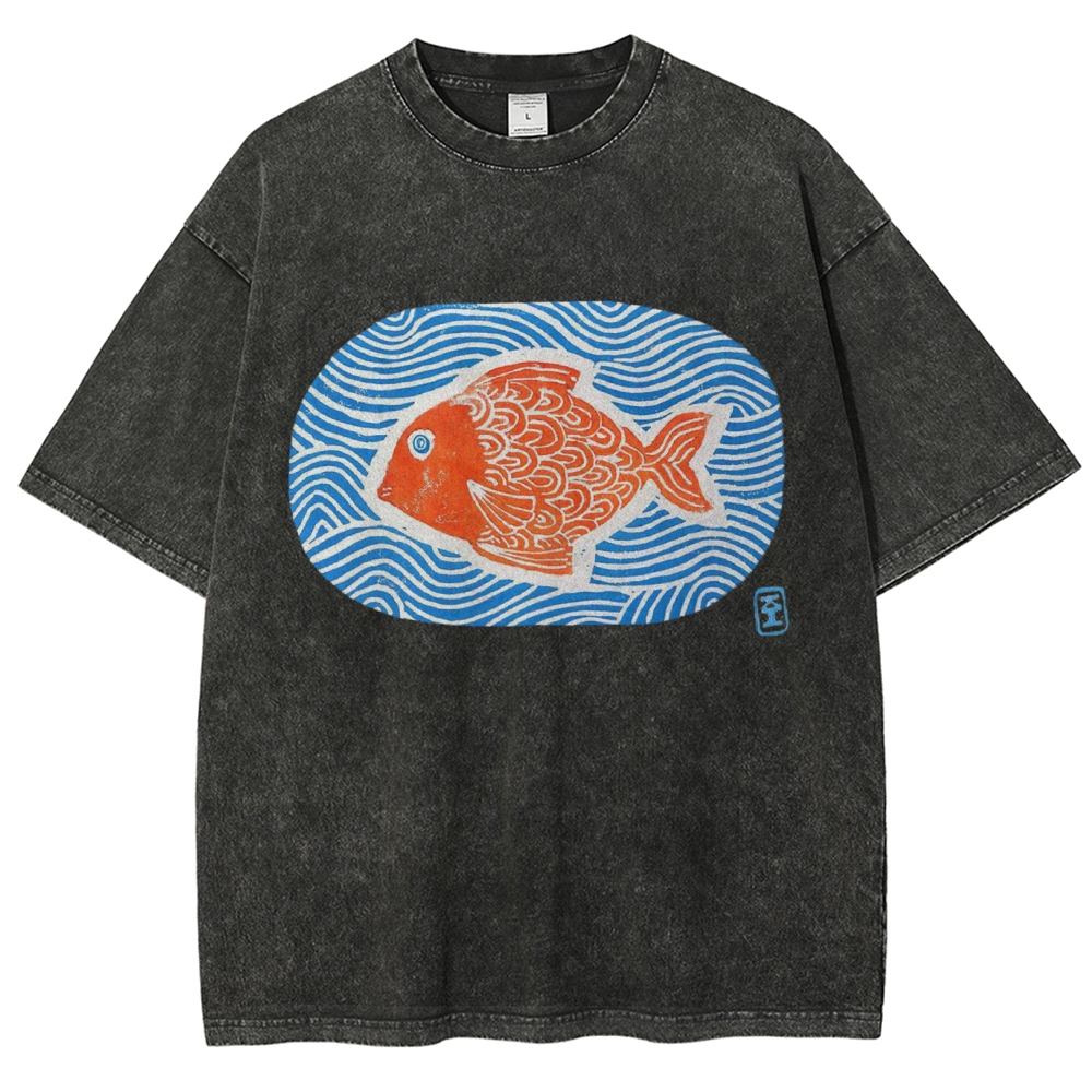 Unisex Japanese Style Wave Fish Printed Washed Tee