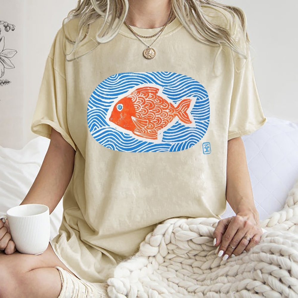 Unisex Japanese Style Wave Fish Printed Washed Tee