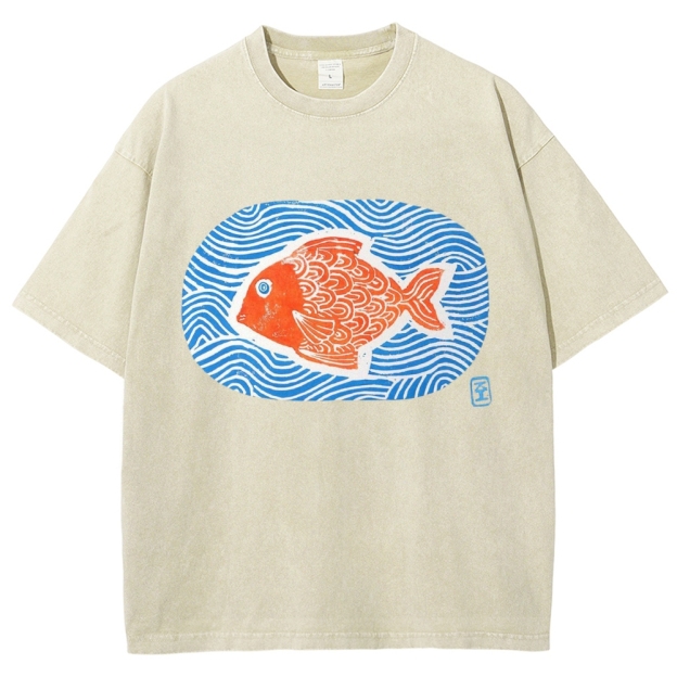 Unisex Japanese Style Wave Fish Printed Washed Tee