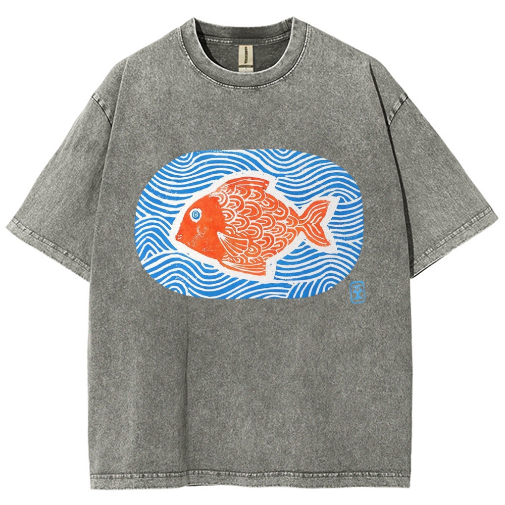 Unisex Japanese Style Wave Fish Printed Washed Tee