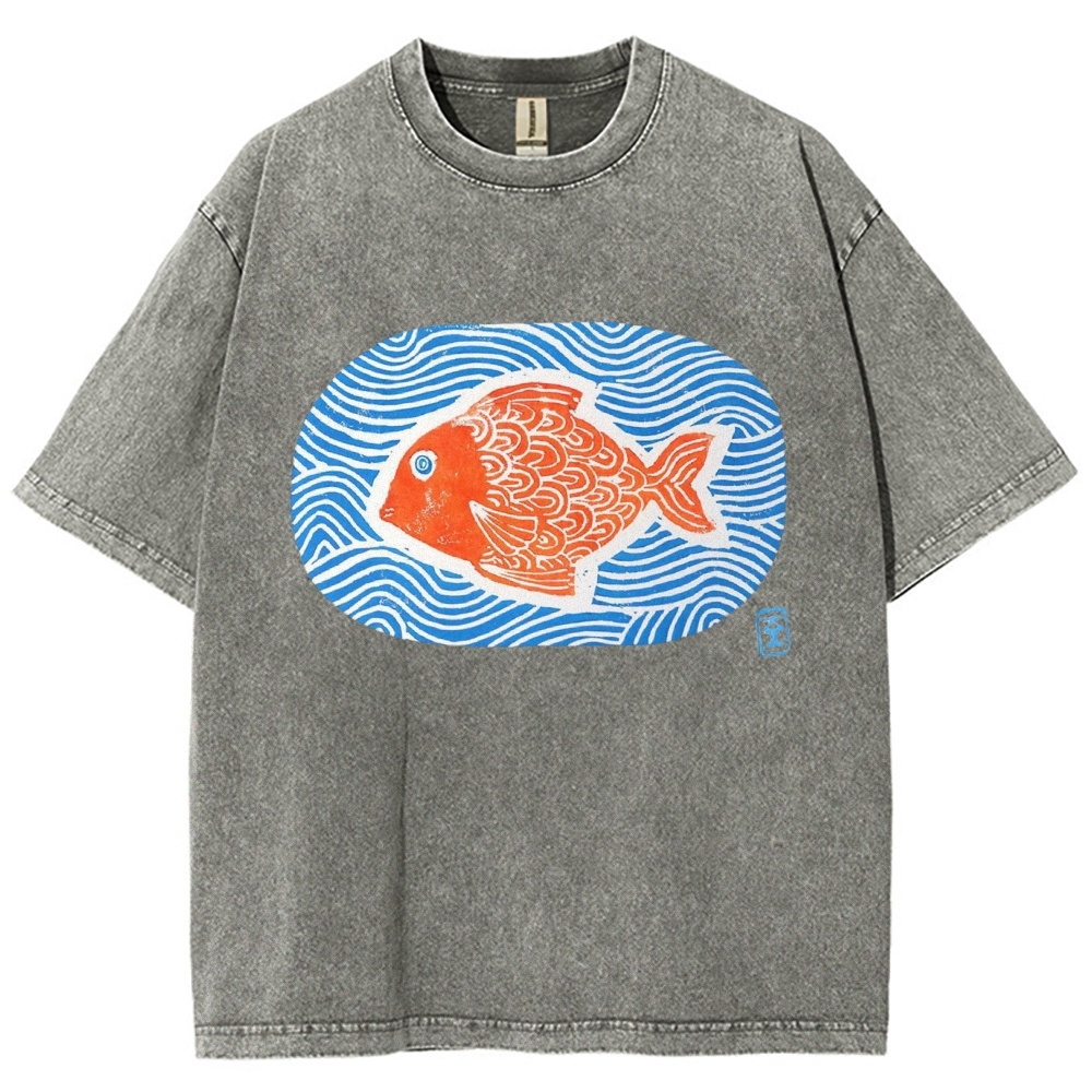 Unisex Japanese Style Wave Fish Printed Washed Tee