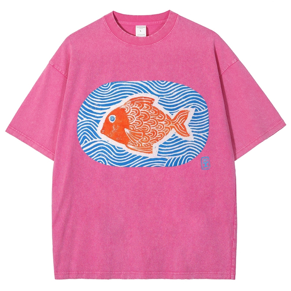 Unisex Japanese Style Wave Fish Printed Washed Tee