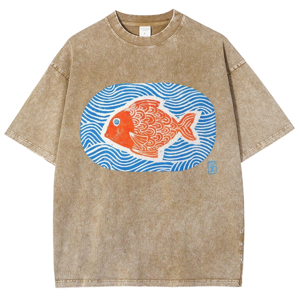 Unisex Japanese Style Wave Fish Printed Washed Tee