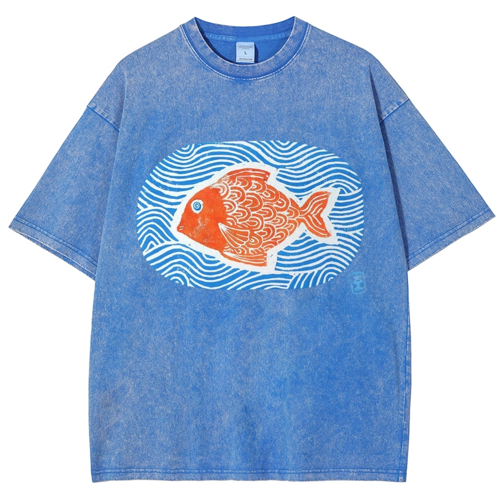 Unisex Japanese Style Wave Fish Printed Washed Tee