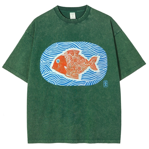 Unisex Japanese Style Wave Fish Printed Washed Tee