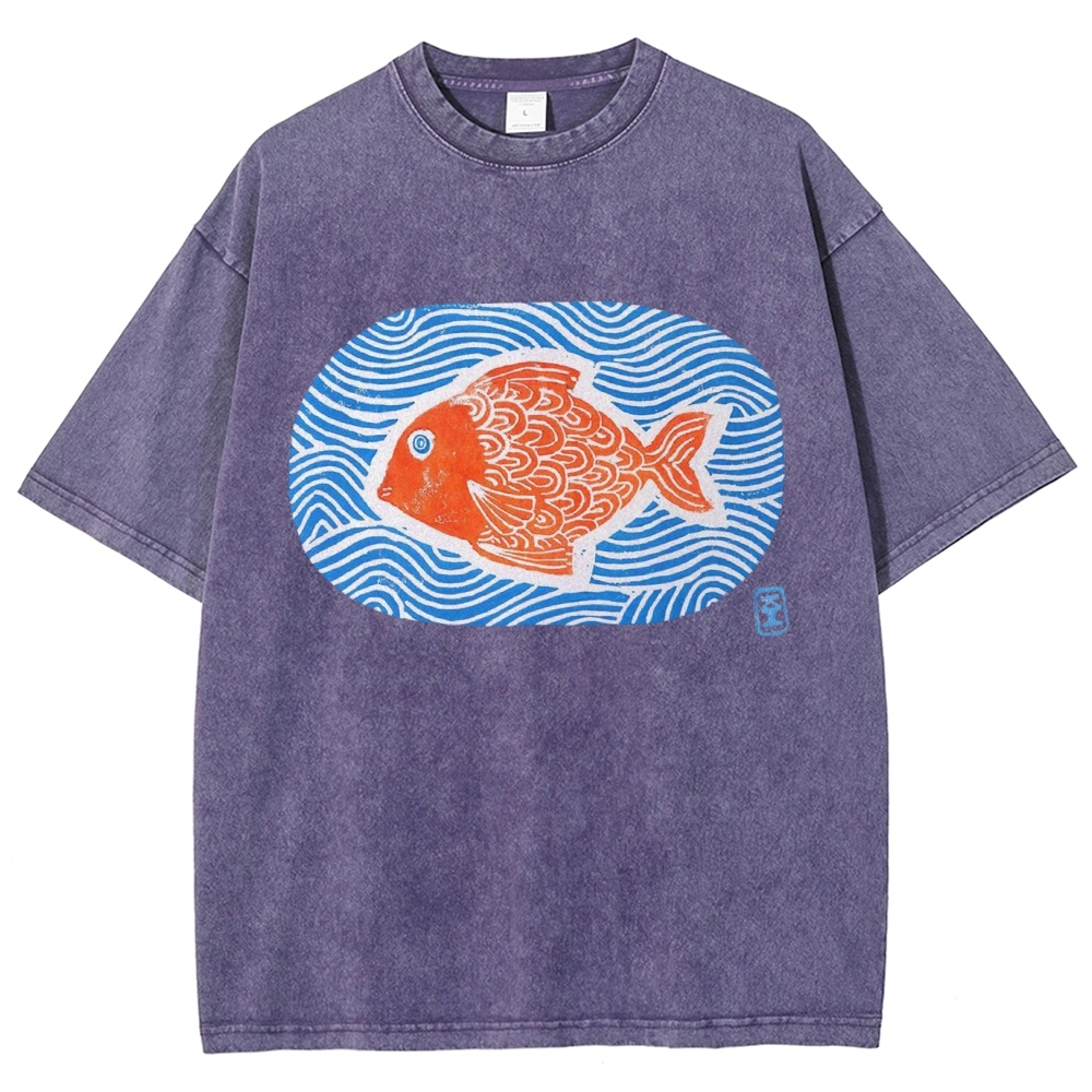 Unisex Japanese Style Wave Fish Printed Washed Tee