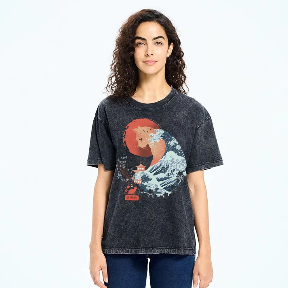 Unisex Japanese Wave Leopard Printed Washed Tee