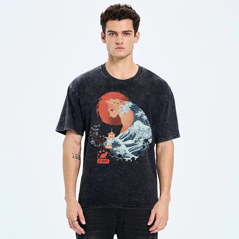 Unisex Japanese Wave Leopard Printed Washed Tee