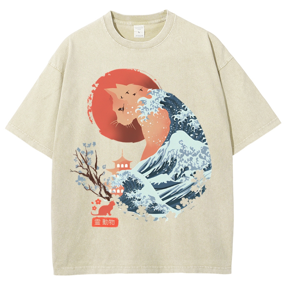 Unisex Japanese Wave Leopard Printed Washed Tee