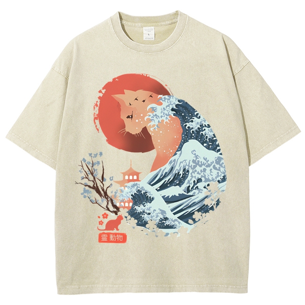 Unisex Japanese Wave Leopard Printed Washed Tee